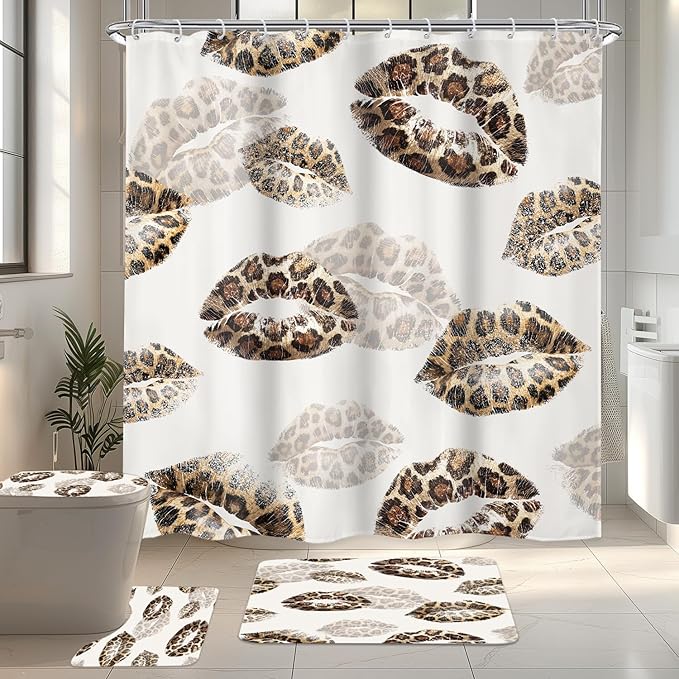 LIGHTINHOME 4 PCS Kiss Lips Shower Curtain Set 72Wx72H,Toilet Lid Cover,Non-Slip Rugs and U-Shaped Mat,Wild Cheetah Leopard print Bathroom Sets with Rugs Shower Accessories 12 Hooks for Bathroom Decor