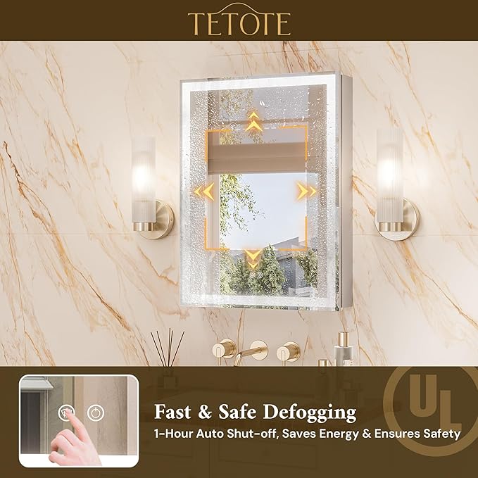 TETOTE 16 x 24 Lighted Bathroom Medicine Cabinet with Adjustable Shelves, Silver Aluminum Cabinet, Anti-Fog Stepless Dimmable 3 Colors White/Warm/Natural, Easy to Install(Wall Mount/Recessed)