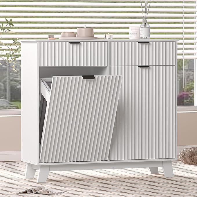 Wodeer Double Tilt Out Laundry Hamper Cabinet with 2 Drawers & Baskets, 20 Gallon Fluted Hidden Trash Can Cabinet, Farmhouse Wood Laundry Storage Cabinets for Bathroom, Kitchen, White