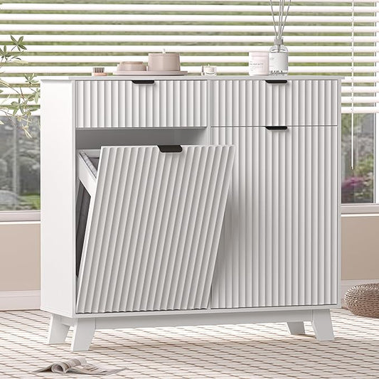 Wodeer Double Tilt Out Laundry Hamper Cabinet with 2 Drawers & Baskets, 20 Gallon Fluted Hidden Trash Can Cabinet, Farmhouse Wood Laundry Storage Cabinets for Bathroom, Kitchen, White