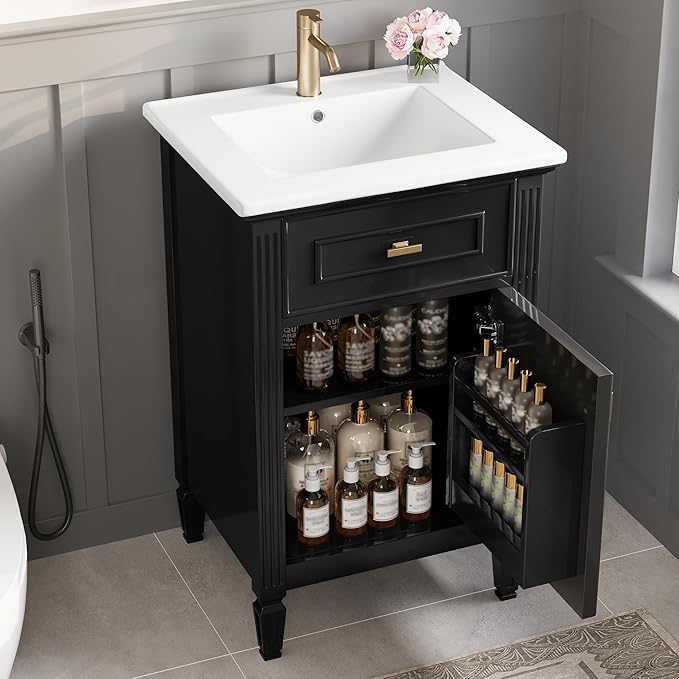 Virubi 20 in Small Bathroom Vanity with Sink,Soft Closing Door,Tilt-Out Drawer and Adjustable Shelf,Solid Wood Modern Single Bathroom Sink Cabinet,Freestanding (Black)