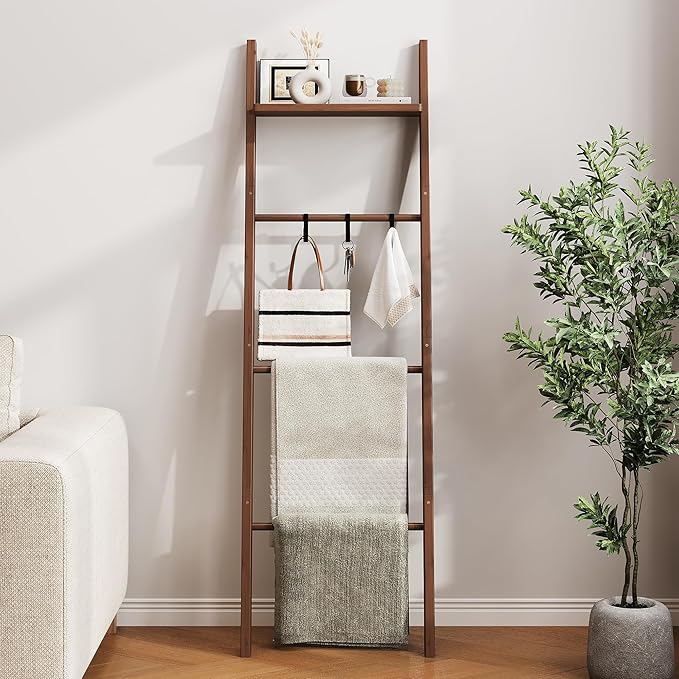 63" Bamboo Blanket Ladder with Shelf and 5 Hooks, 4 Tier Leaning Blanket Rack, Farmhouse Towel Ladder Rack, Decorative Quilt Rack Holder for Living Room Bedroom Bathroom, Walnut