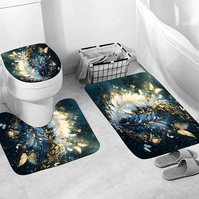 AZHM Luxury Dark Blue Gold Feather and Butterfly Shower Curtain Set 4 PCS Glittery Art Bathroom Decor Set with Non-Slip Rugs, Toilet Lid Cover & Bath Mat