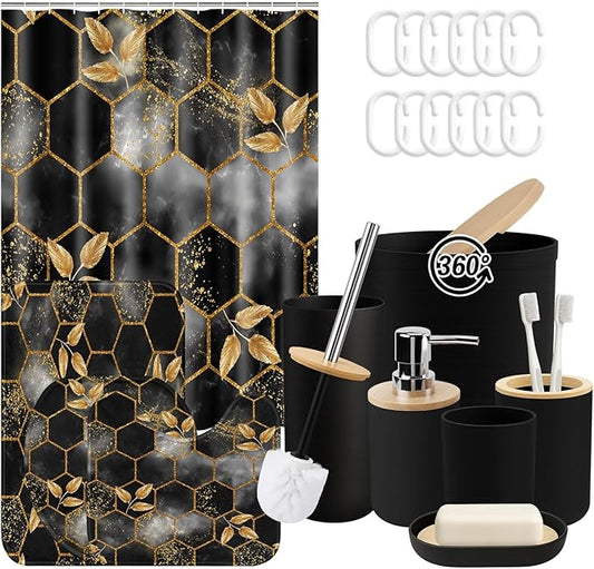 Honeycomb Marble Black Bathroom Decor and Accessories Set, Shower Curtain and Rug Set with Trash Can, Soap Dispenser, Soap Dish, Toothbrush Holder, Toothbrush Cup, Toilet Brush