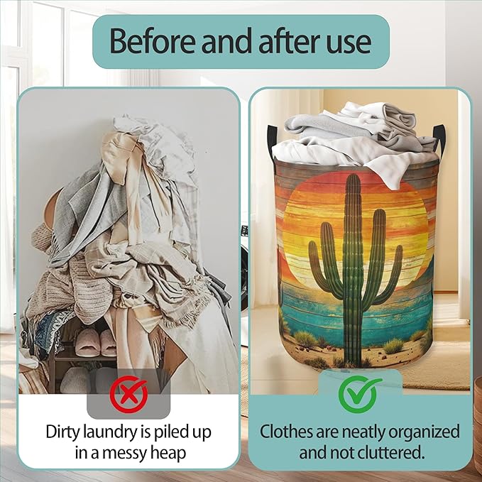 Tropical Cactus Laundry Basket With Handles Tote Bag Oxford Cloth Funny Laundry Hamper Clothes Storage Bucket Toy Organizer 16" X 20.8"For Bathroom/Laundry/Bedroom