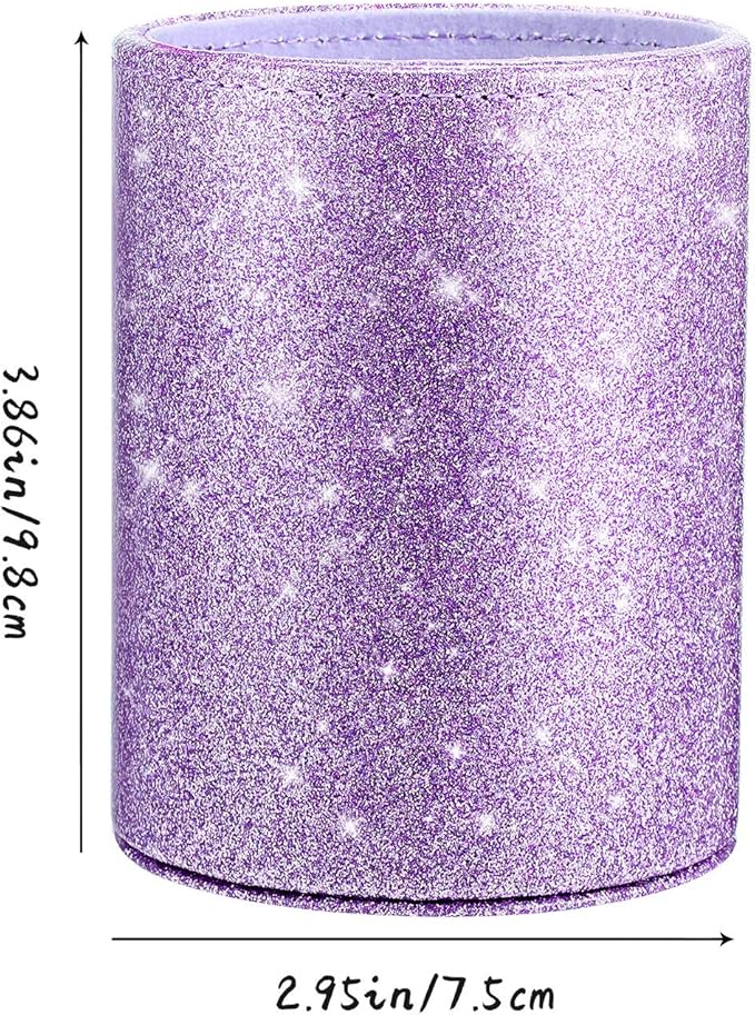 Outus PU Glitter Pen Holder Pencil Cup Shiny for Women Girls, Luxury Makeup Brush Holder Pu Leather Organizer Cup Gift for Desk Office Classroom Home (Purple)