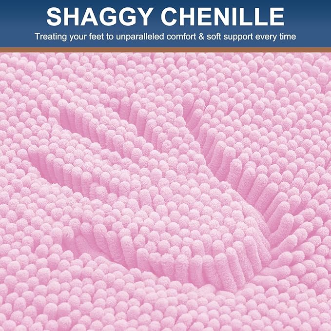 Smiry Luxury Chenille Bathroom Rugs 47x24, Extra Soft and Absorbent Shaggy Bath Mat, Machine Washable, Non-Slip Plush Carpet Runner for Tub, Shower, and Floor, Home Decor Accessories, Pink