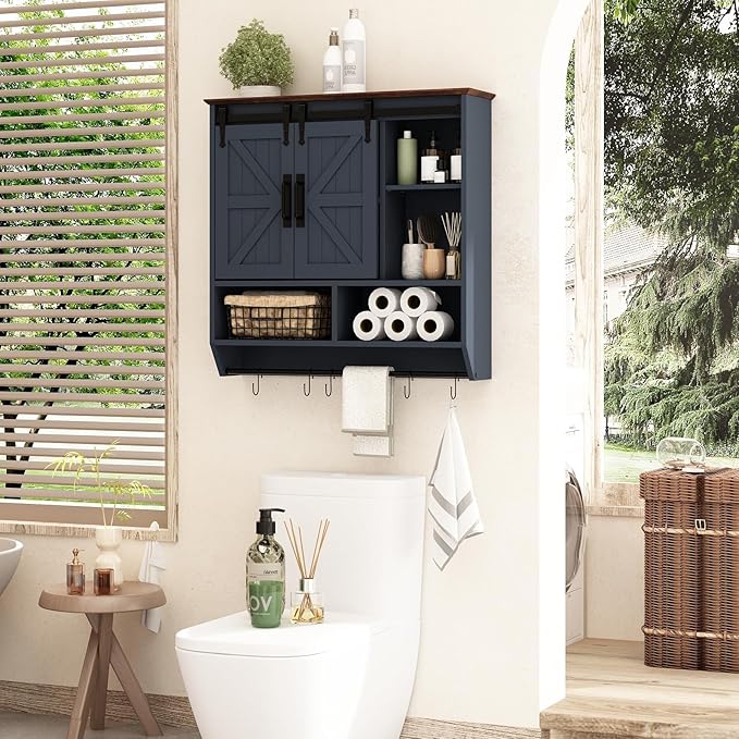 RUSTOWN Farmhouse Bathroom Wall Cabinet,3-Tier Rustic Wood Wall Mounted Cabinets,Vintage Medicine Cabinet with Sliding Barn Door and Adjustable Shelves,Over The Toilet Storage Cabinet (Navy Blue)