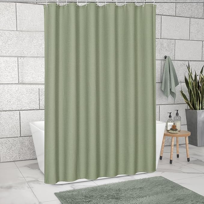 MitoVilla Extra Long Shower Curtain 72 x 84, Sage Green Waffle Fabric 84 inch Shower Curtain, Farmhouse XL Shower Curtains for Bathroom Decor, Luxury Weighted Shower Curtain 84 inch