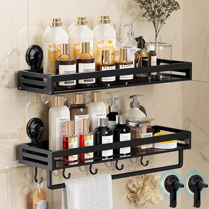 Shower Caddy Suction Cup, 15.7 inch 2 Pack Suction Shower Shelf with Hooks NO-Drilling Bathroom Holder, Rustproof Bathroom Organizer, Black,Includes 2 Extra Suction Cups for Replacement Use
