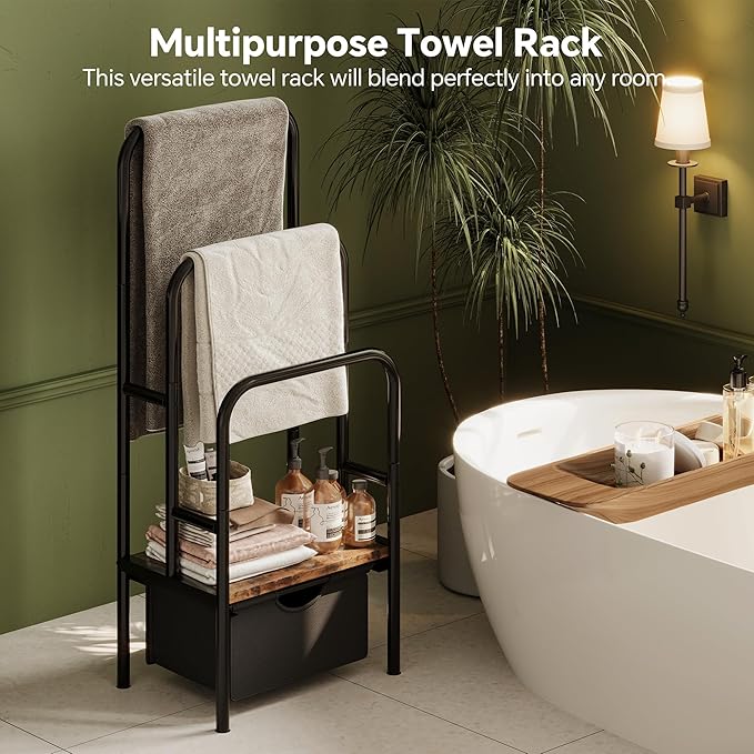 Homeiju Standing Towel Racks for Bathroom, Blanket Ladder, 3-Tier Towel Drying Rack, 15.6" L x 11.8" W x 41.7" H, Blanket Holder for Bedroom, Living Room,Rustic Brown