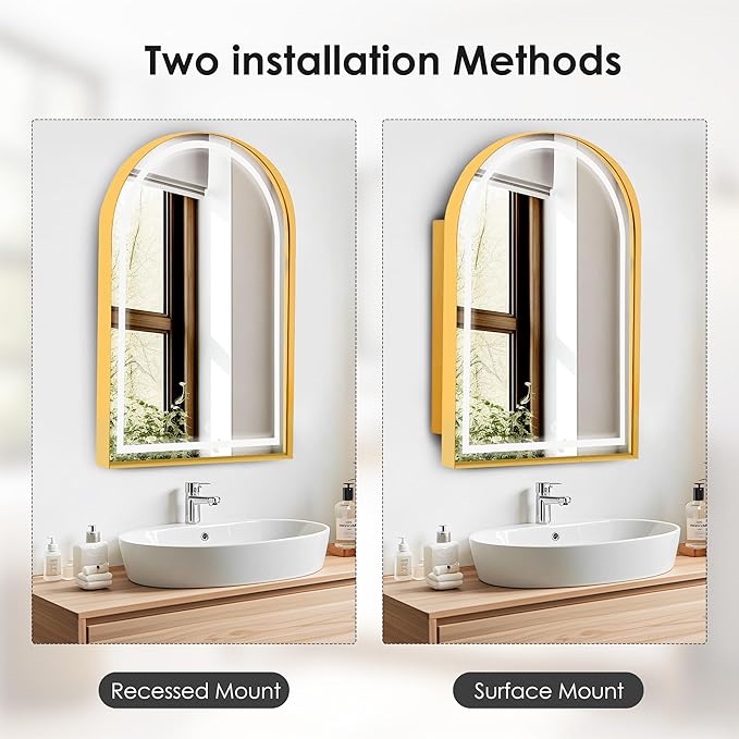 SogesHome Wall Mounted Mirror Medicine Cabinet 36"X24" with LED Lights, Arched Vanity Mirror Storage with Shelves, Modern Decro Recessed Mirror Medicine Cabinet for Bathroom, Bedroom, Gold