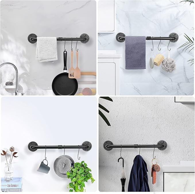 Industrial Pipe Towel Rack Towel Bar, Heavy Duty Wall Mounted Rustic Farmhouse Bath Towel Holder for Bathroom (Black, 24 inch)