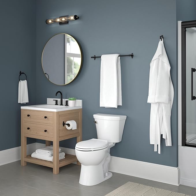 Franklin Brass Calloway 4-Piece Bathroom Set Matte Black 18" + 6" Towel Rack, Toilet Paper Holder, Hand Towel Holder, Hook | 4-Piece Bath Hardware Accessories Set CLWY64-MB
