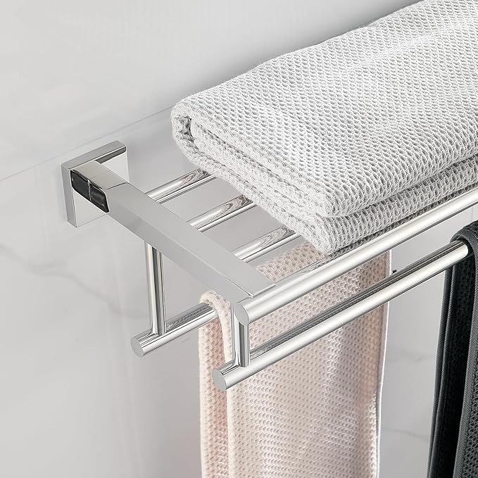 Bathroom Towel Rack with Double Towel Bar Bathroom Hotel Shower Shelf SUS304 Stainless Steel Modern Wall Mounted Holder 28 Inch Polished Chrome