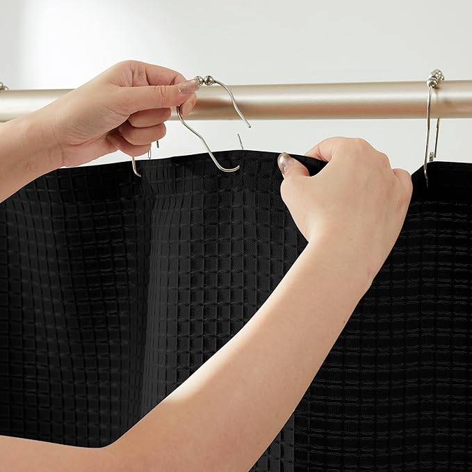 Luxury Waffle Weave Shower Curtain Elegant Hotel Style Fabric for Bathroom, Water Repellent, Machine Washable Black Waffle