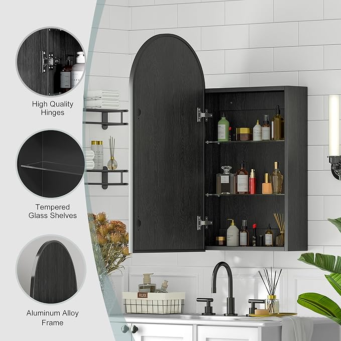 Arched Medicine Cabinet with Mirror, Brushed Black Wall Mounted Bathroom Mirror Cabinet, 3 Adjustable Shelves Storage, Reversible Door Opens Left to Right, Modern Metal Frame, 16 x 30 Inch