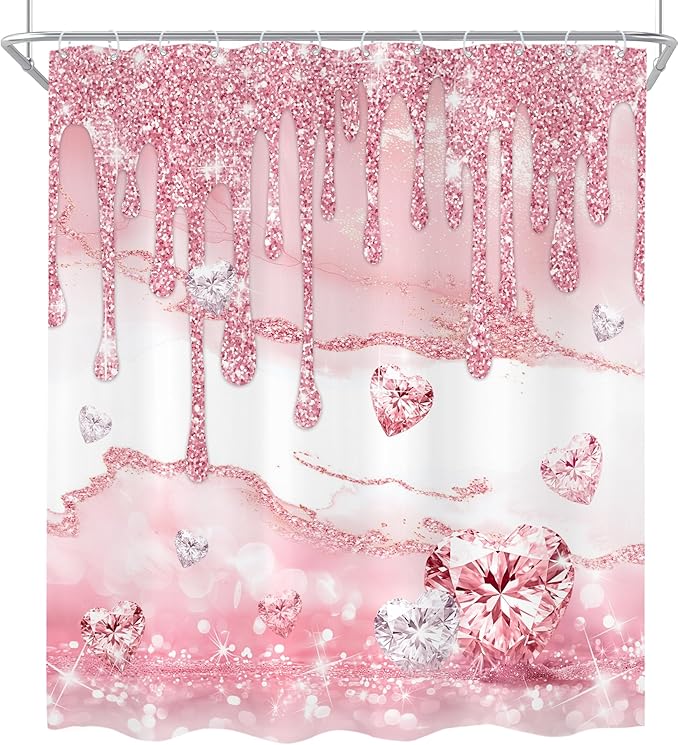 Cinbloo 4Pcs Pink Diamond Shower Curtain Set, Rose Gold Bling Modern Fashion Bathroom Curtain with Rug, Toilet Lid Cover, Bath Mat, Luxury Elegant Women Girls Shower Curtain with 12 Hooks