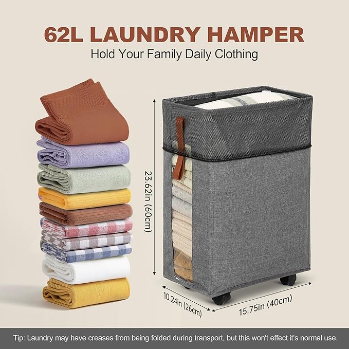Laundry Hamper with Wheels Rolling Laundry Basket with Visible Clear Window Collapsible Dirty Clothes Hampers for Laundry Room Bedroom Dorm RV,Lightgray