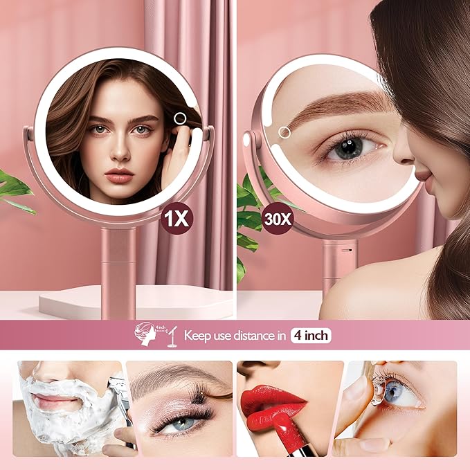 MOMOKUBA Makeup Mirror with Lights, 30X Magnifying & Height Adjustable, Lighted Magnifying Mirror with 3 Light Modes & Stepless Dimming, Vanity Mirrors for Bathroom, Birthday Gift for Women, Rosegold