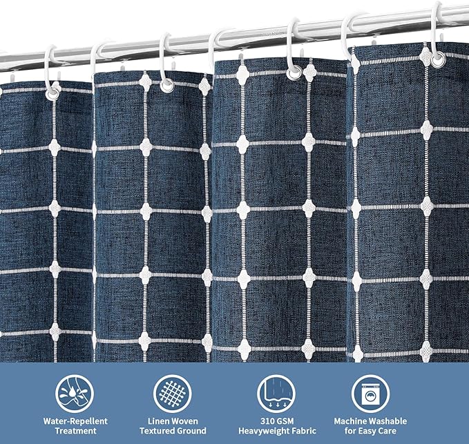 MitoVilla 72 x 84 Navy Blue Boho Extra Long Shower Curtain, Farmhouse 84 inch XL Polyester Linen Texture Tassel Fabric Shower Curtain Set with Hooks for Cottagecore Country Bathroom Decor