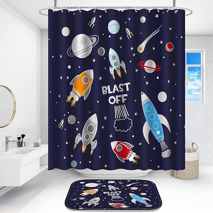 Poedist 4 Pcs Bathroom Shower Curtain Set,Kid's Bathroom Set,Cosmic Space Shower Curtain Sets with Rugs(Bath Mat,U Shape and Toilet Lid Cover Mat) and 12 Hooks
