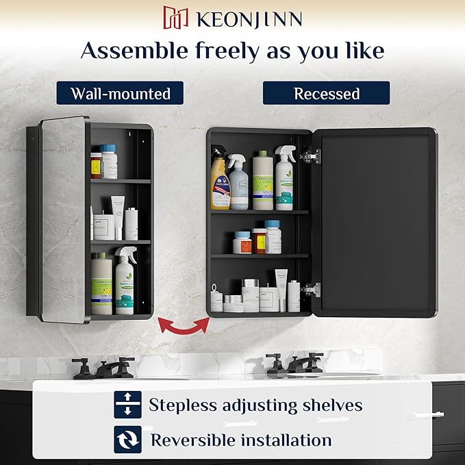 Keonjinn 20 x 26 Inch Black Recessed Medicine Cabinets, Bathroom Mirrored Medicine Cabinet, Black Stainless Steel Framed, Stepless Adjustable Shelves, in Wall or Surface Mount, DTC Hinge