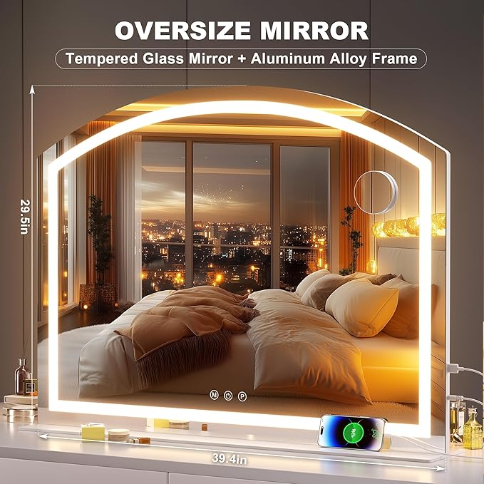 Hasipu 40" x30” Arch Vanity Mirror with LED Lights - Makeup Mirror with 10X Magnification, USB Charging Port & 3 Dimmable Color Modes