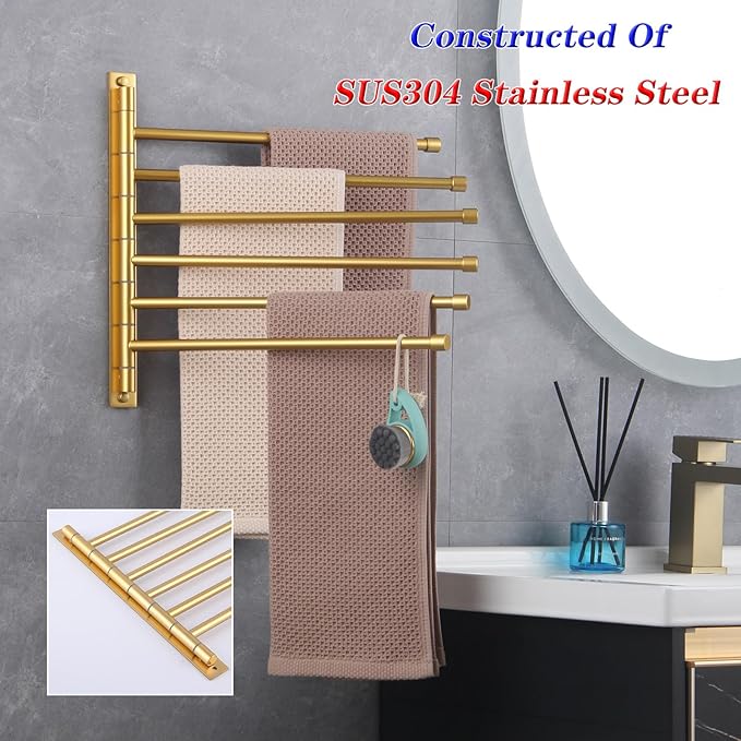 GERZWY Bathroom Swing Arm Towel Bars Wall Mount Bath Towel Rack with 6 Arms Hanger Towel Holder Organizer Stainless Steel Gold Finished HYG06-BE
