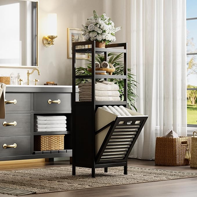 HITNET Tilt Out Laundry Hamper, Bamboo Bathroom Cabinet with Pull Out Removable Bag and 3 Tier Storage Shelves, 10 Gal Clothes Basket with Metal Handle, Black