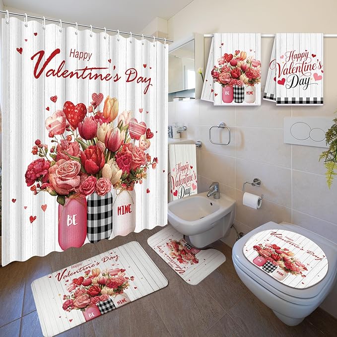 Nuanchu 6 Pcs Valentines Day Shower Curtain Set with Rug Bathroom Sets with Shower Curtain Bath Mat U Shaped Mat Toilet Lid Cover 2 Bath Towels and 12 Hooks Valentines Day Rose Heart Bathroom Decor
