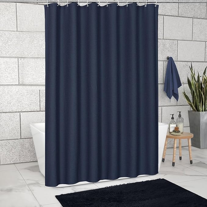 MitoVilla Waffle Small Stall Shower Curtain 36 x 72, Blue Half Size Shower Curtain, Fabric Narrow Shower Curtains for Bathroom Decor, 36 inch Shower Curtain Set with Hooks, Navy Blue