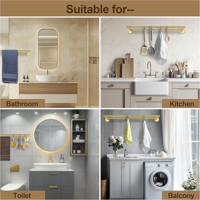 SEIDO Double Towel Bar for Bathroom Wall 24”L, 304 Stainless Steel Gold Towel Bar, 2-Bar Design Bathroom Towel Rack, Brushed Gold, 24 inch