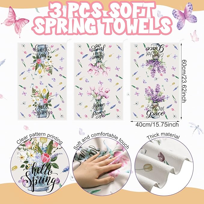 Drydiet 7 Pcs Spring Floral Shower Curtain Set Hello Spring Tulip Design with Non-Slip Rugs Bath Towels U-Shaped Mat Toilet Lid Cover and 12 Hooks 71x71 Inch Waterproof for Home Bathroom Decor