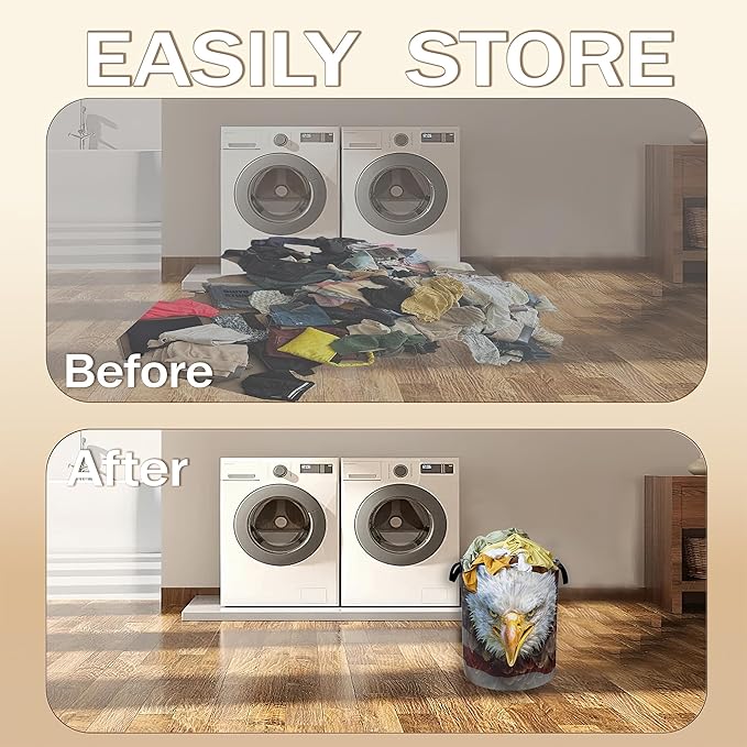 Bald Eagle Laundry Basket,Memorial American Flag Clothes Hamper,Oxford Cloth Collapsible Nursery Hamper Storage Organization for Bedroom,Bathroom,Office,College Dorms,16x20 Inch