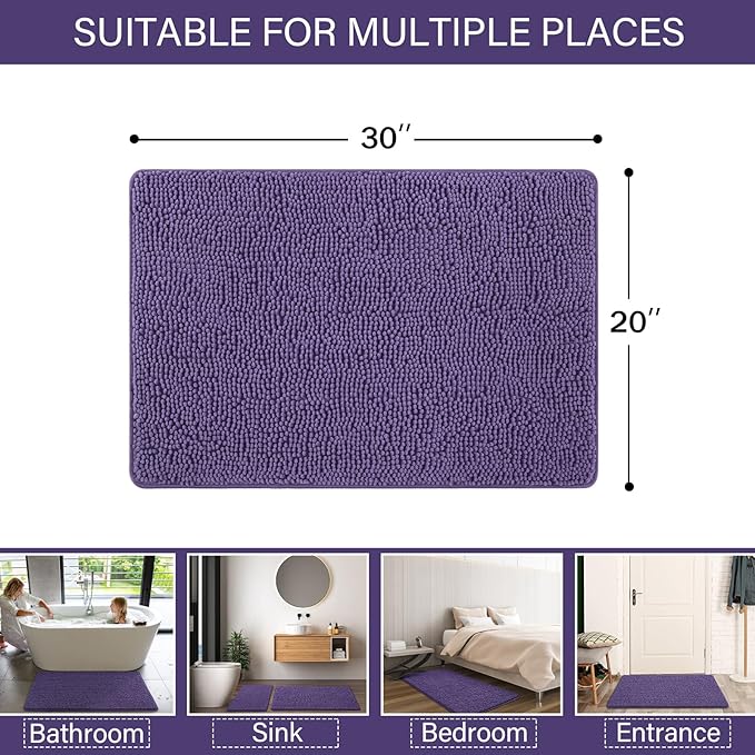 LOCHAS Luxury Bathroom Rug Shaggy Bath Mat 20 x 30 Inch, Washable Non Slip Bath Rugs for Bathroom Shower, Soft Plush Chenille Absorbent Carpets Mats, Dark Purple