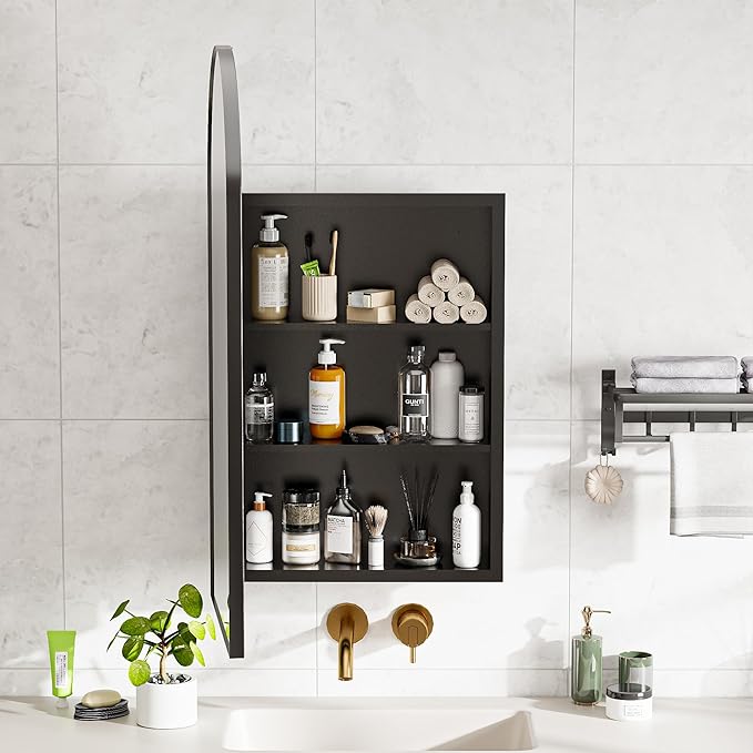 Medicine Cabinet with Mirror,Bathroom Wall Cabinet with Adjustable Shelves Arch Metal Storage Cabinet for Bathroom Bedroom (No Assembly Required) Black 16.5 * 31.1''