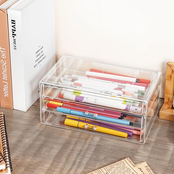 Acrylic Makeup Organizers, 9.3 X 5.3 X 4 Inch Stackable Makeup Organizer Acrylic 3 Drawer Storage Organizers Clear Stationery Organizer for Dresser, Bathroom, Vanity, Countertop