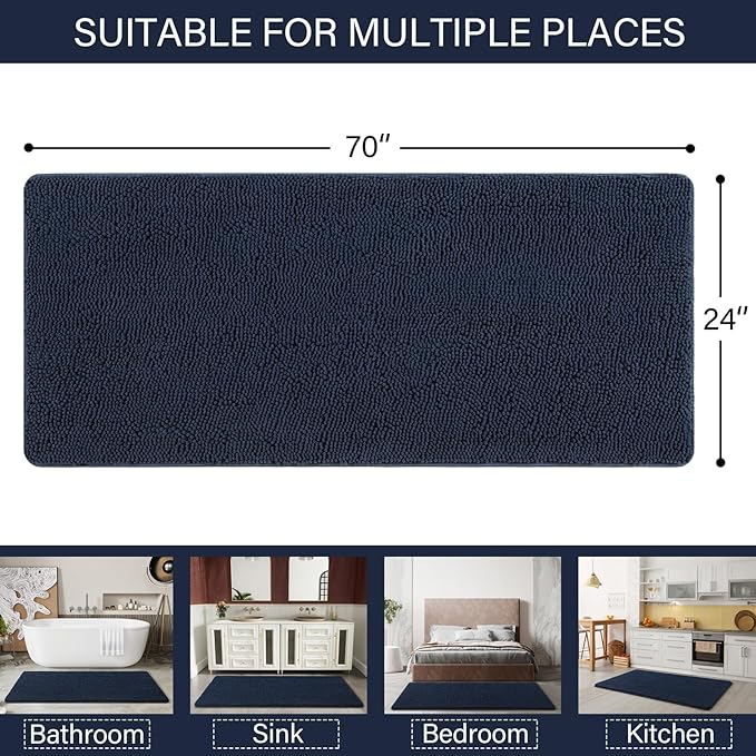 LOCHAS Luxury Bathroom Rug Shaggy Bath Mat 24 x 70 Inch, Washable Non Slip Bath Rugs for Bathroom Shower, Soft Plush Chenille Absorbent Carpets Mats, Navy