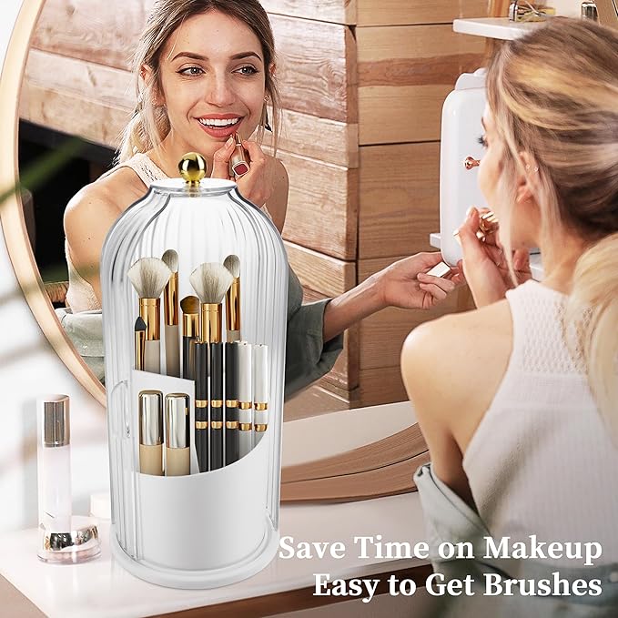 Makeup Brush Holder Organizer, 360 Rotating Makeup Brush Holder, Dustproof Waterproof Material & with 3 Compartments for Organized Storage, Dressing Tables Clear Storage Skincare Cosmetic (White)
