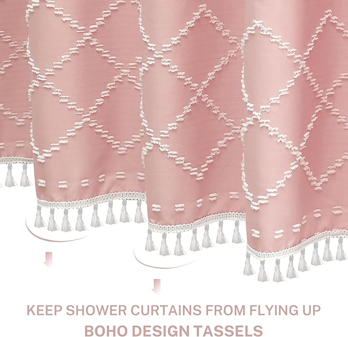 Extra Long Pink Textured Boho Shower Curtain with Tassels 72 x 78 Tufted Chevron Striped Chenille Woven Fabric Cloth Shower Curtain Modern Farmhouse Minimalist, Shabby Chic Home Decor for Bathroom