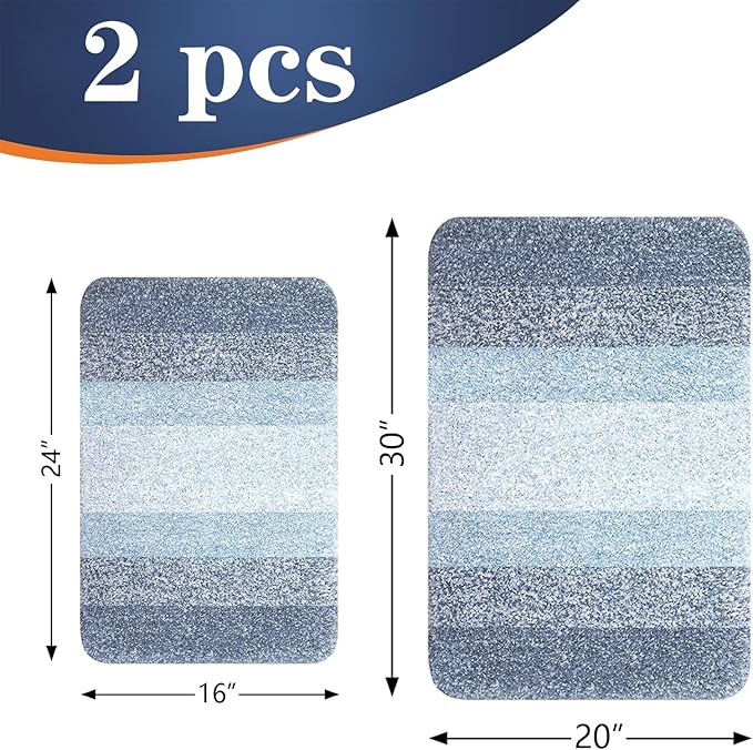 OLANLY Bathroom Rug Set 2 Piece, Soft Absorbent Microfiber Bath Rug Set, Non-Slip, Machine Wash Dry, Plush Shaggy Bath Mats for Bathroom (30"x20"+24"x16", Blue)