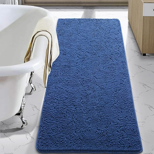 LOCHAS Luxury Bathroom Rug Shaggy Bath Mat 24 x 60 Inch, Washable Non Slip Bath Rugs for Bathroom Shower, Soft Plush Chenille Absorbent Carpets Mats, Blue