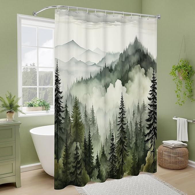 Dark Green Extra Long Misty Pine Forest Shower Curtain 72 x 84, XL Mountain Foggy Woodland Scenery Tree Shower Curtains for Bathroom, Abstract Waterproof Nature-Themed Decor