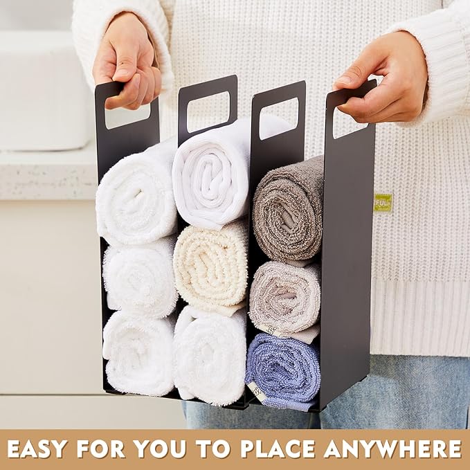 LEIFIDE Set of 4 Interlocking Towel Organizer Metal Bathroom Towel Storage Rack Shelf Dividers Organizers for Closet Home Space Saving (Black)