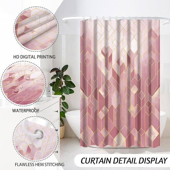 Lnond Pink Bathroom Set, Pink Abstract Cubes Bathroom Accessories Sets Complete, Luxury Restroom Set with Shower Curtain and Rugs, Trash Can, Toilet Brush Holder Set & Soap Dispenser