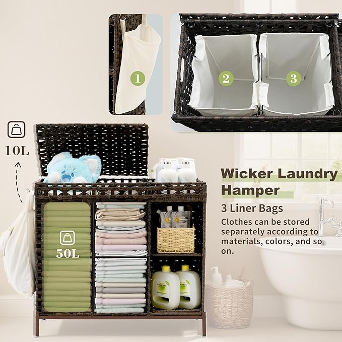 Gitelsnour Laundry Hamper with Lid, 110L (29.1 Gal) Rattan Laundry Hamper 2 Section with 50L (13.2 Gal) Storage Shelf, Wicker Woven Laundry Sorter Basket with 3 Liner Bags and Handles, Brown GLH002BR