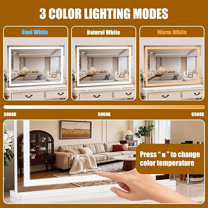 Vanity Mirror with Lights 32"x22", LED Makeup Mirror, 3 Color Lighting Modes, 10X Magnification, Smart Touch Control, Dimmable, Aluminum Metal Frame, Lighted Up for Vanity Desk (White)