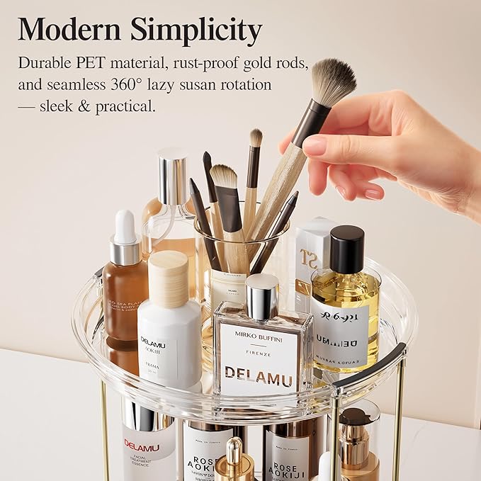 Delamu Rotating Makeup Organizer for Vanity, 2 Tier Skincare Organizer for Bathroom Counter, Spinning Perfume Organizer Cosmetic Holder with Large Capacity, Clear