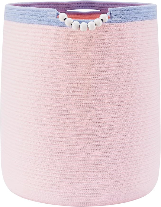 90L Large Pink Woven Rope Laundry Hamper Basket for Clohtes Boho Tall Rope Baskets for Blanket Baby Nursery Hamper for Girls Kids 17"Wide 22"Tall